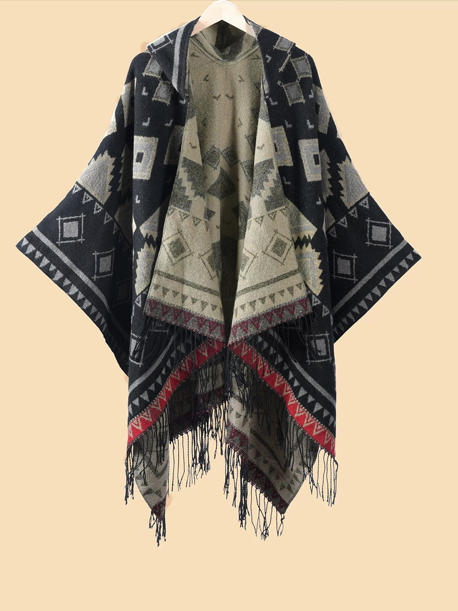 Ethnic Geometric Winter Warm Hooded Shawl
