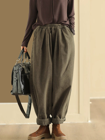 Women Autumn Retro Pure Color Cotton Harem Pants