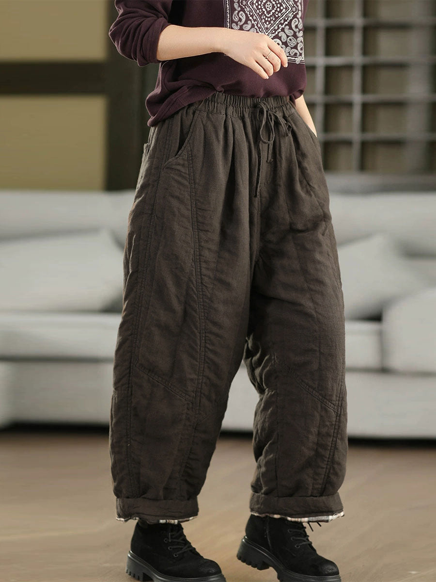 Women Autumn Pure Color 100%Linen Padded Straight Pants
