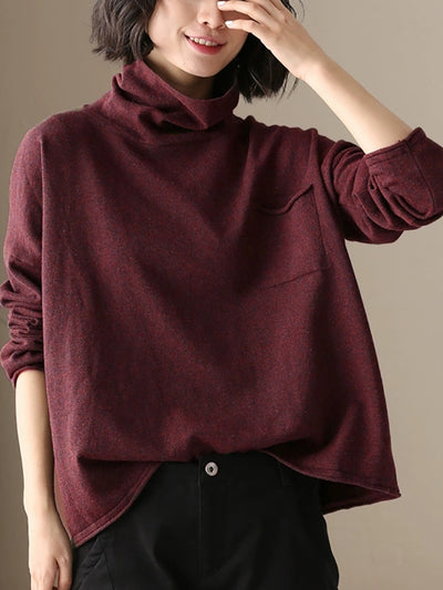 Women Autumn Casual Pure Color 100%Cotton Turtleneck Shirt