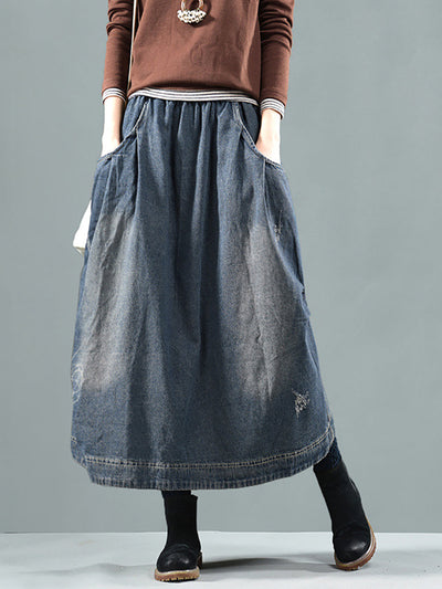 Plus Size Women Retro Fade Pocket Elastic Waist Denim Skirt