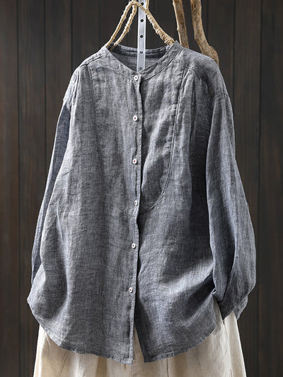 Plus Size Women Spring Pure Color Stand Collar 100%Linen Shirt