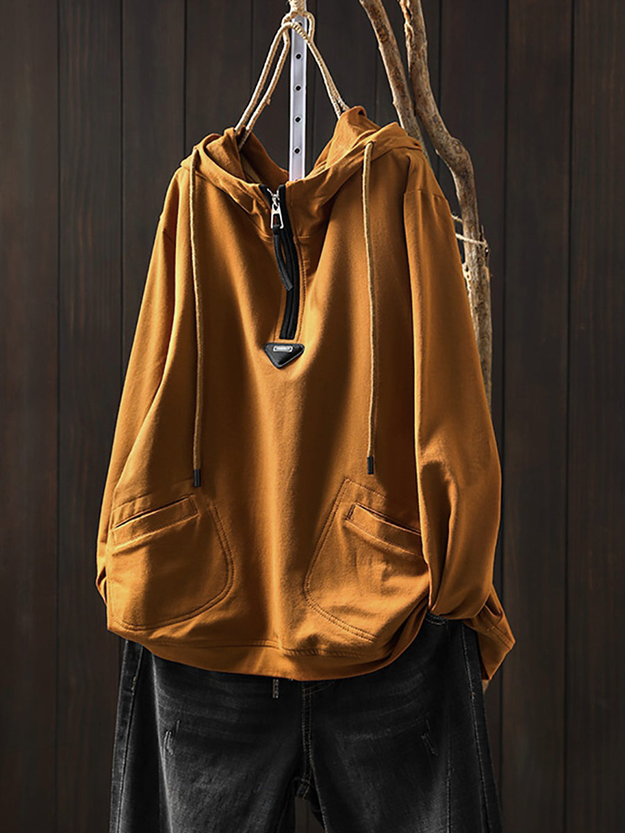 Plus Size Women Casual Autumn Pure Color Cotton Hoodie