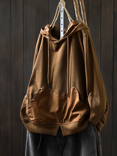 Women Retro Autumn Pure Color 100%Cotton Hoodie