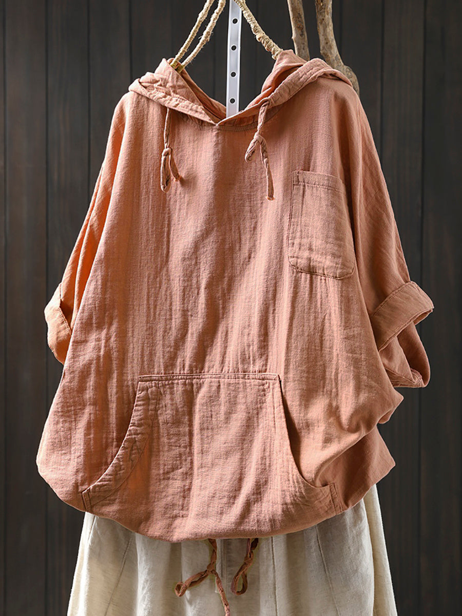 Plus Size Women Spring 100%Cotton Pure Color Hooded Shirt