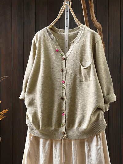 Women Summer Casual Colorful Button Knitted O-Neck Shirt