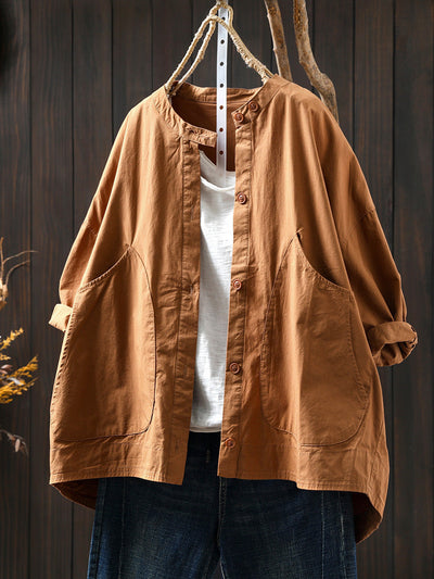 Plus Size Women Summer Casual Pure Color Stand Collar Cardigan Shirt