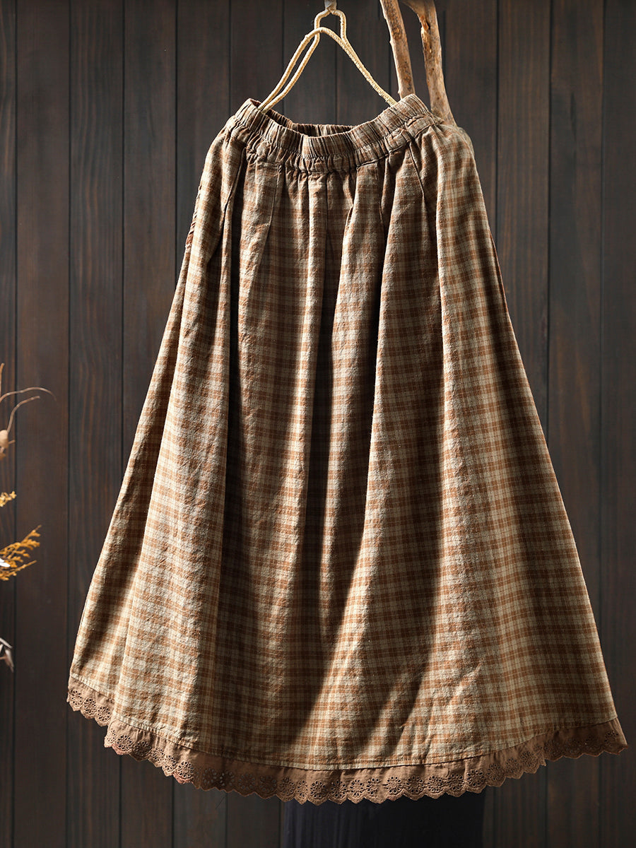 Women Autumn Plaid A-Shape Lace Spliced 100%Cotton Skirt