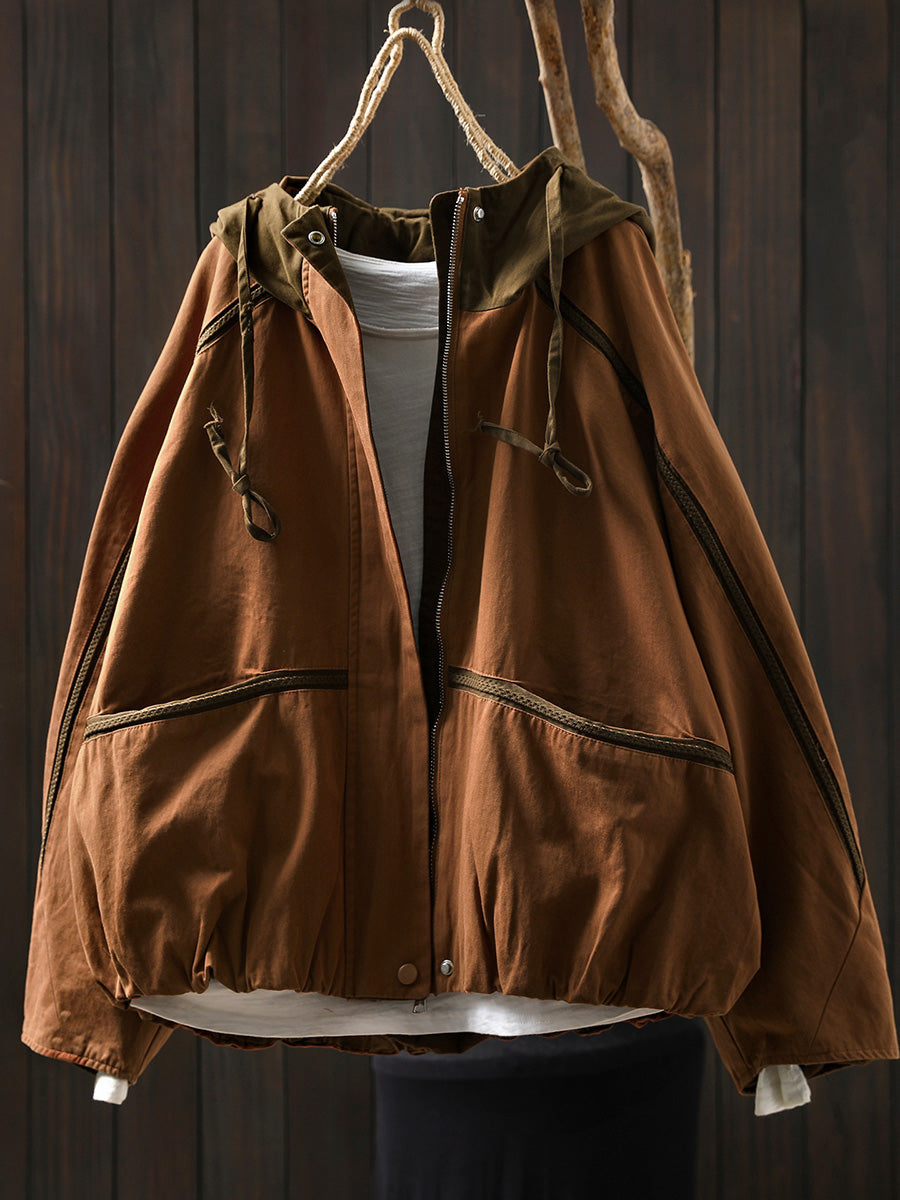 Women Autumn Colorblock Hooded Cotton Cardigan Coat