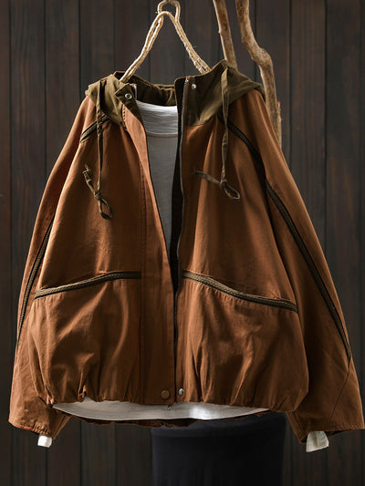 Women Autumn Colorblock Hooded Cotton Cardigan Coat