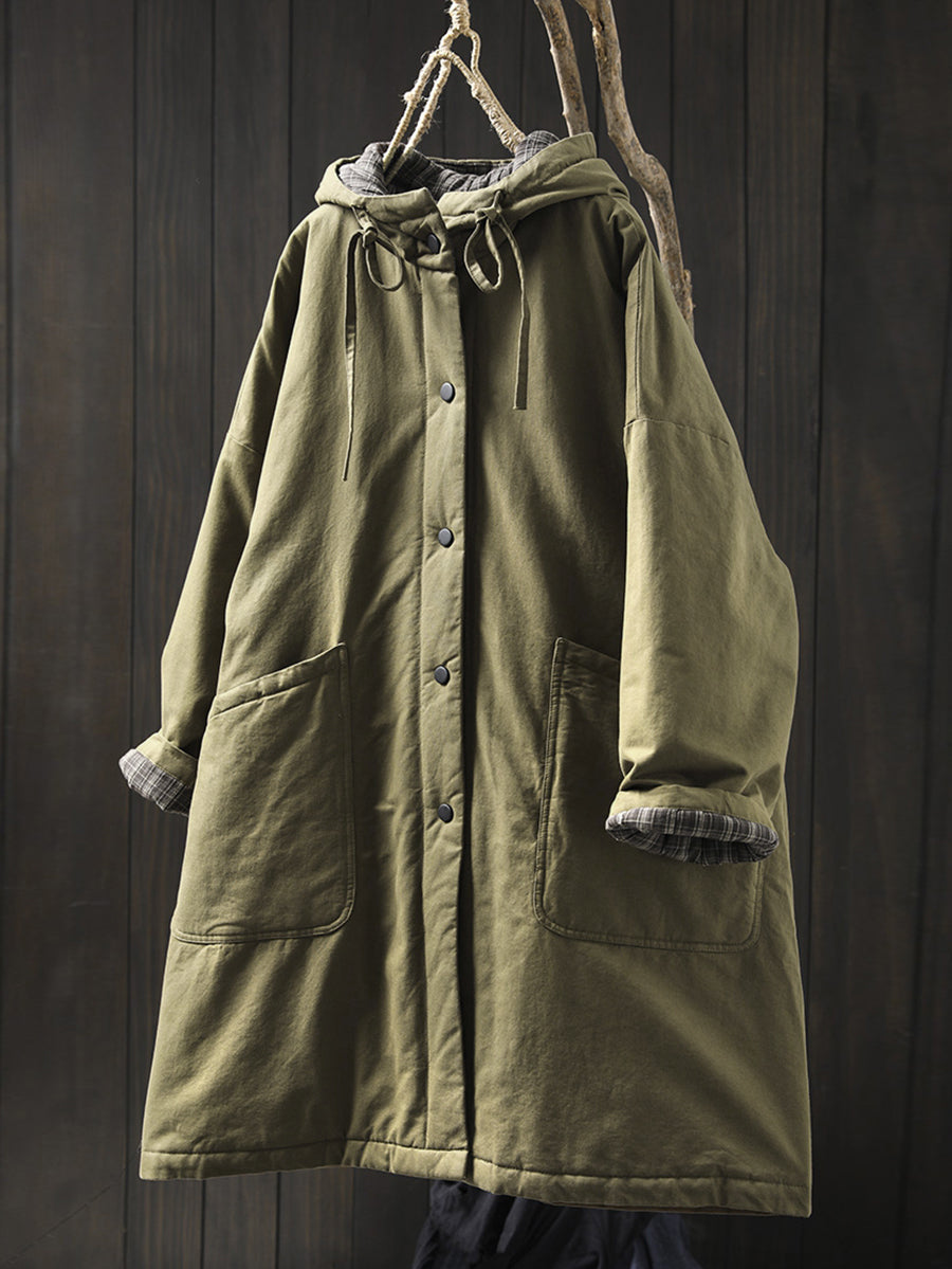 Women Autumn Casual Pure Color Hooded Padded Coat