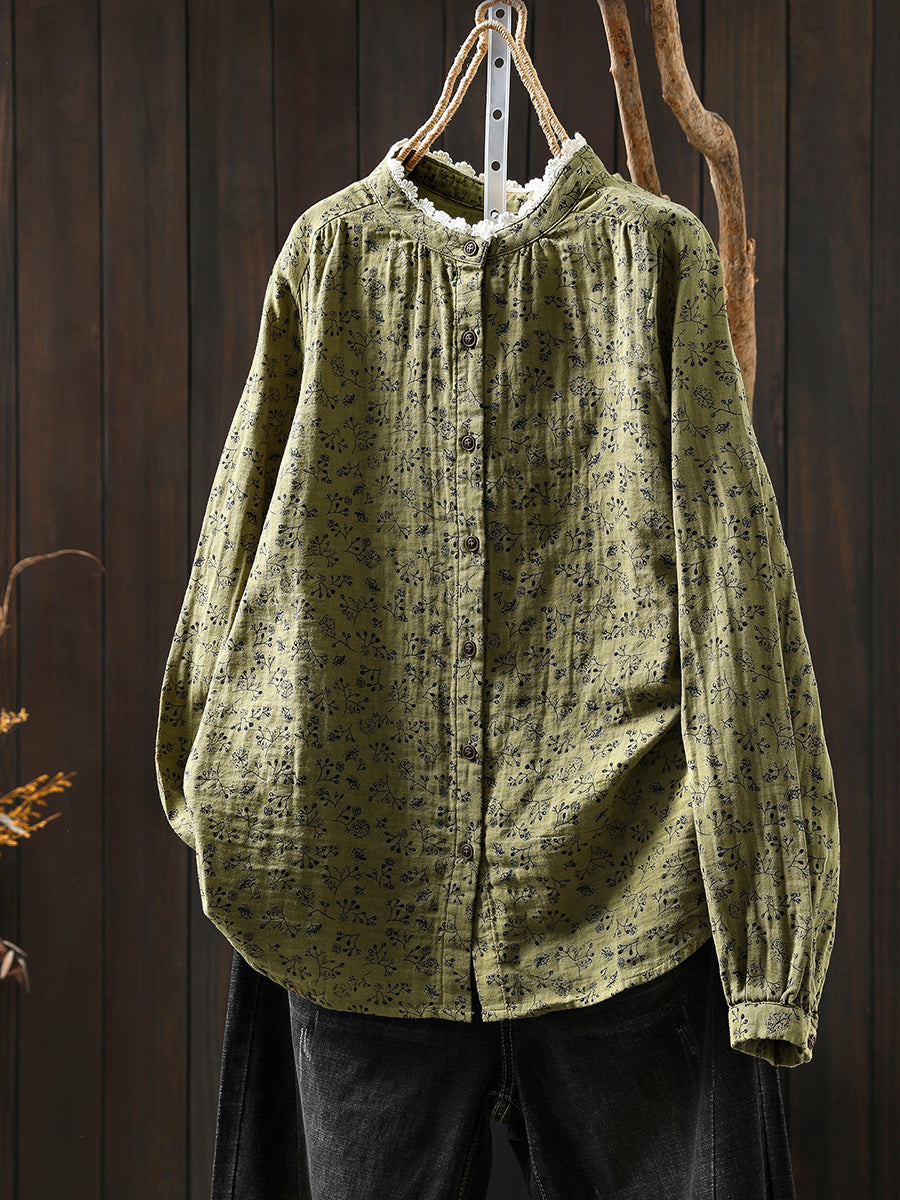 Women Autumn Artsy Floral O-Neck 100%Cotton Shirt