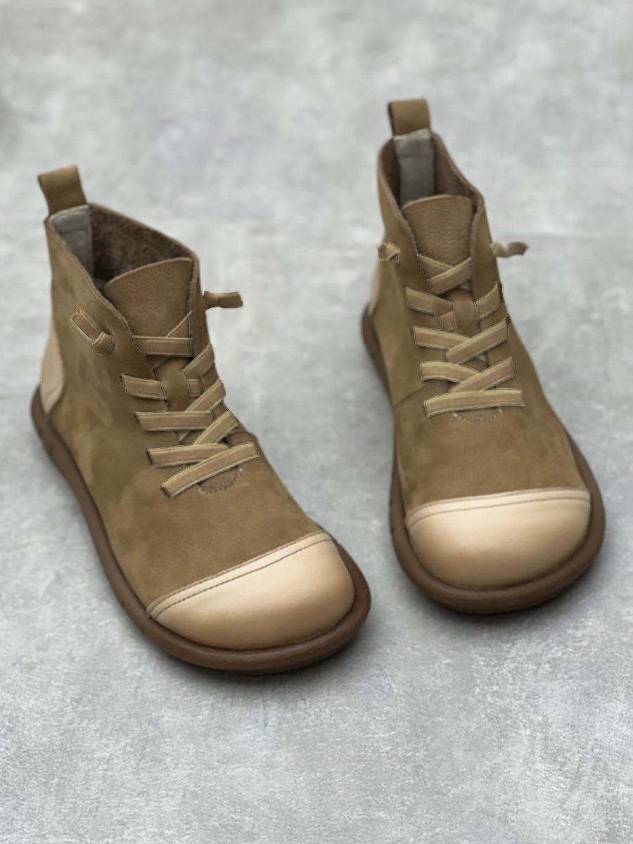 Women Vintage Leather Spliced Drawstring Ankle Boots