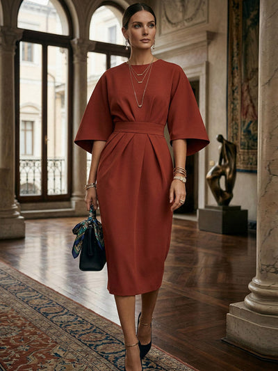 Batwing Sleeves Elasticated Waist Pleated Solid Color Split-Joint Round-Neck Midi Dresses