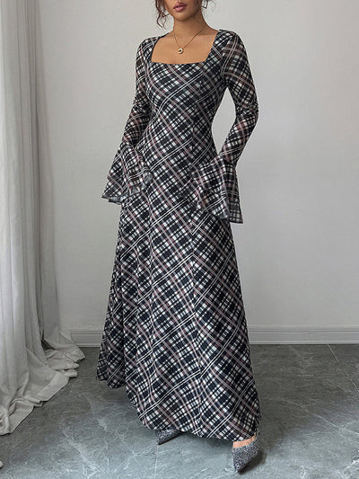 A-Line Flared Sleeves Contrast Color High-Waisted Plaid Square-Neck Maxi Dresses