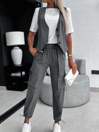Loose Buttoned Striped V-Neck Vest Top + Drawstring Pockets Ninth Pants Pleated Pants Bottom Two Pieces Set