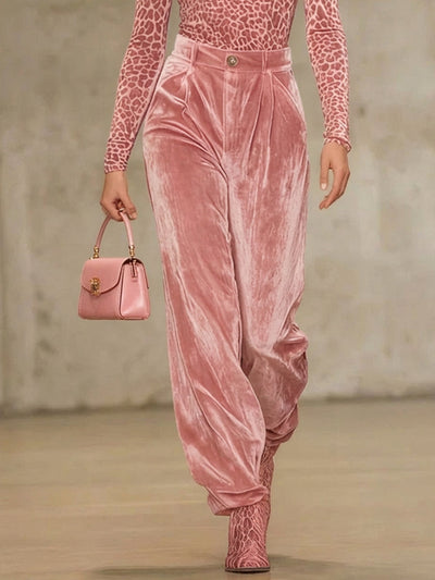 High Waisted Pleated Pockets Solid Color Velvet Pants Trousers