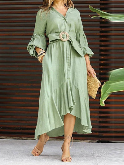 High-Low Puff Sleeves Pleated Solid Color Lapel Collar Maxi Dresses