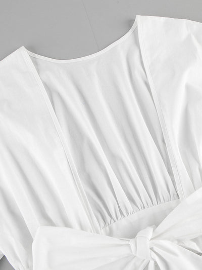 Elasticated Waist High Waisted Pleated Solid Color Split-Joint Tied Waist Round-Neck Blouses&Shirts Tops