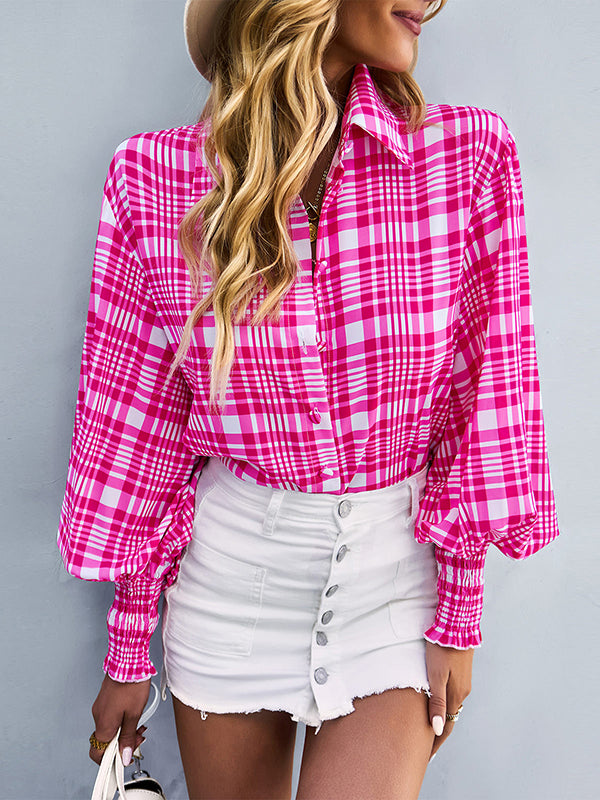 Long Sleeves Loose Buttoned Contrast Color Elasticity Plaid Lapel Blouses&Shirts Tops
