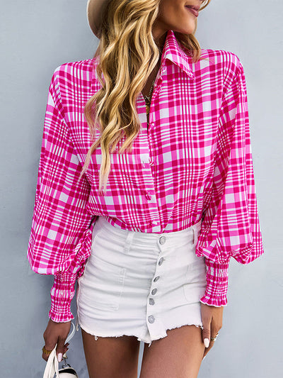 Long Sleeves Loose Buttoned Contrast Color Elasticity Plaid Lapel Blouses&Shirts Tops