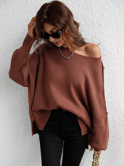 Casual Long Sleeves Loose Split-Side Solid Color Round-Neck Sweater Tops