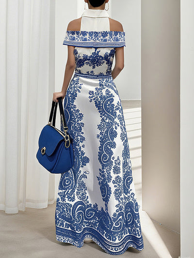 Bodycon High Waisted Flower Print Hollow Pockets Cold Shoulder Maxi Dresses