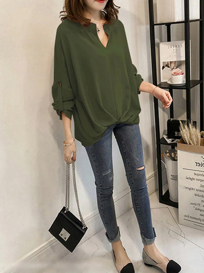 Casual Long Sleeves Loose Solid Color V-Neck Blouses&Shirts Tops