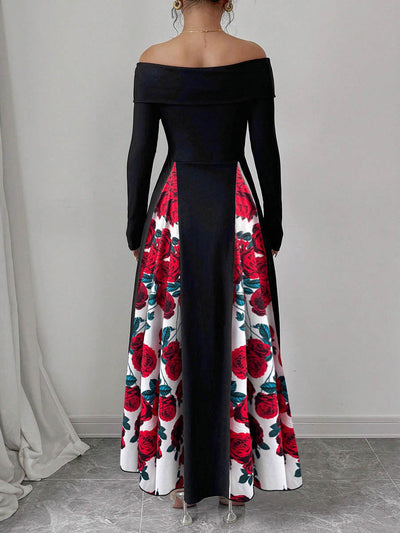 High Waisted Long Sleeves Contrast Color Flower Print Split-Joint Off-the-shoulder Maxi Dresses
