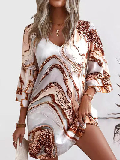 A-Line Flared Sleeves Layered Printed Split-Joint V-Neck Mini Dresses