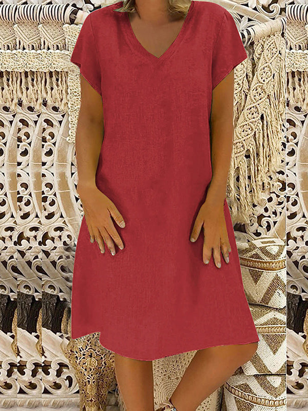 A-Line Loose Solid Color V-Neck Midi Dresses