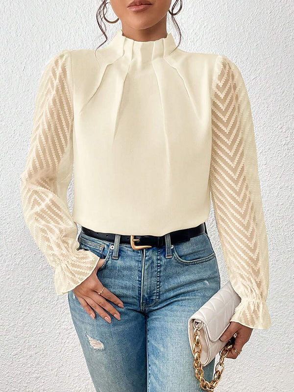 Long Sleeves Loose Elasticity Mesh Pleated Solid Color Mock Neck Blouses&Shirts Tops