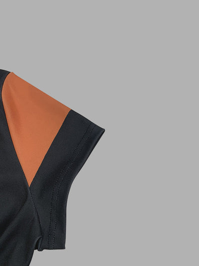 A-Line High Waisted Colorful Contrast Color Hollow V-Neck Maxi Dresses