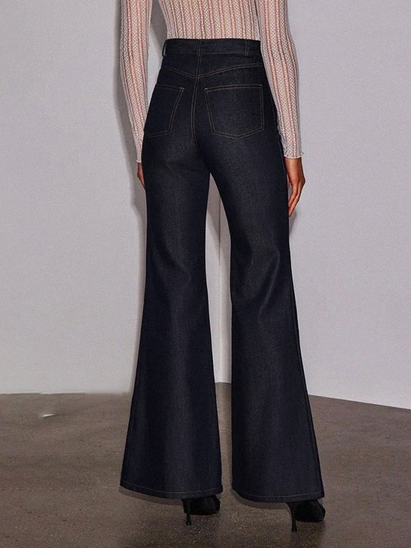 High Waisted Wide Leg Pockets Solid Color Jean Pants Bottoms