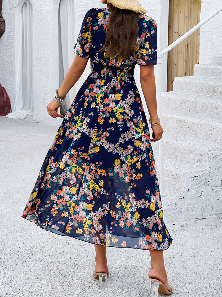 A-Line Elasticated Waist Contrast Color Flower Print Pleated Split-Joint V-Neck Maxi Dresses