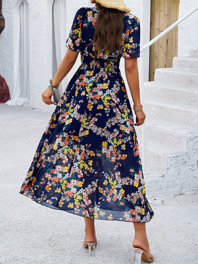 A-Line Elasticated Waist Contrast Color Flower Print Pleated Split-Joint V-Neck Maxi Dresses