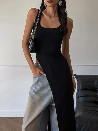 Skinny Sleeveless Asymmetric Solid Color Split-Side Square-Neck Tank Top