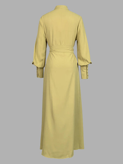 A-Line Long Sleeves Buttoned Pleated Pockets Solid Color Tied Waist V-Neck Maxi Dresses