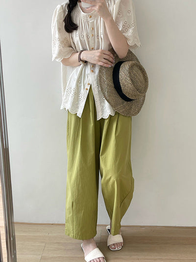 High Waisted Loose Elasticity Pleated Solid Color Split-Joint Pants Trousers