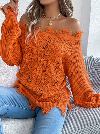 Long Sleeves Hollow Knitted Leaves Ribbed Knit See-Through Solid Color Off-The-Shoulder Sweater Tops