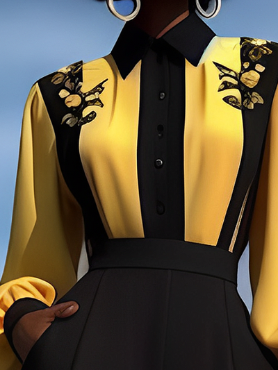 Long Sleeves Loose Buttoned Contrast Color Flower Print Split-Joint Lapel Blouses&Shirts Tops