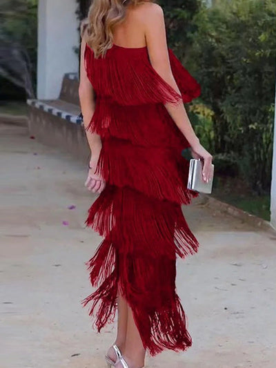 Loose Sleeveless Asymmetric Solid Color Split-Joint Tasseled One-Shoulder Maxi Dresses