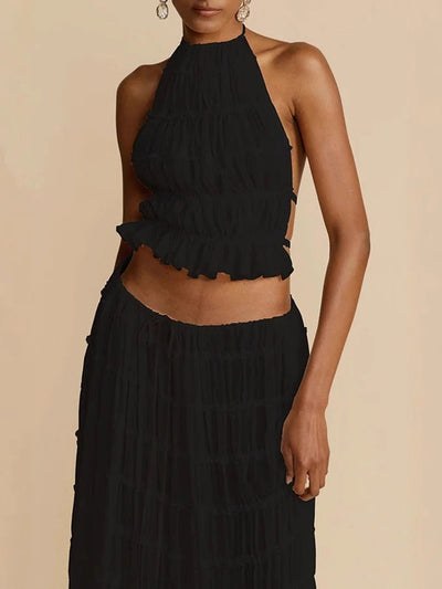 Pleated Solid Color Textured Halter-Neck Cropped Backless Ruffled Tank Top + Tied Waist High Waisted Skirts Bottoms Two Pieces Set