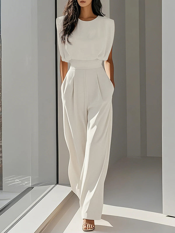 Loose Pleated Solid Color Split-Joint Round-Neck Jumpsuits