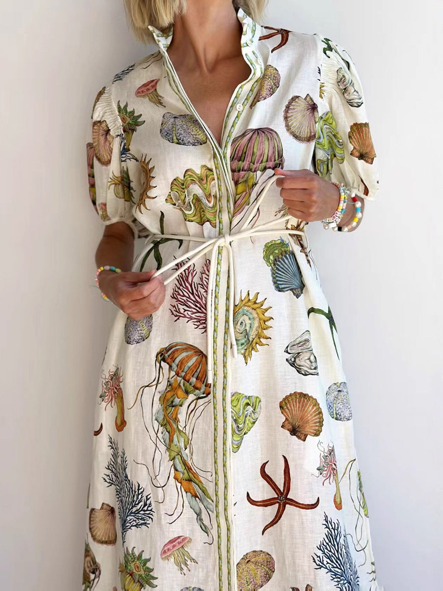 A-Line High Waisted Buttoned Contrast Color Pockets Print Split-Joint Tied Waist Stand Collar Maxi Dresses Shirt Dress