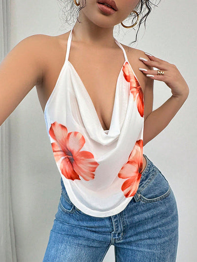 Sleeveless Flower Print Halter-Neck Vest Top