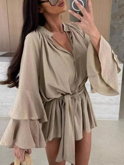 Flared Sleeves Loose Lace-Up Pleated Solid Color Split-Joint Tiered Round-Neck Mini Dresses