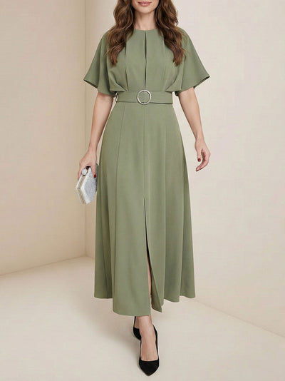 Loose Raglan Sleeve Pleated Split-Front Split-Joint Tied Waist Round-Neck Maxi Dresses