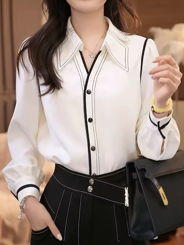 Long Sleeves Buttoned Contrast Color Pleated Lapel Blouses&Shirts Tops
