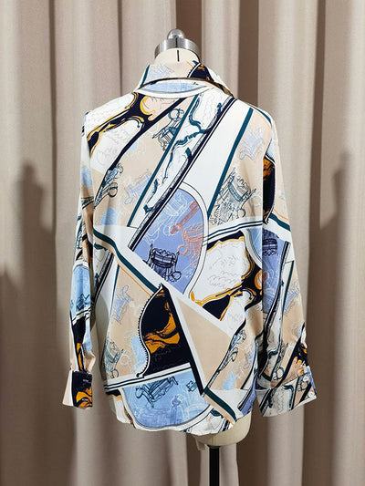 Long Sleeves Loose Buttoned Printed Split-Joint Lapel Blouses&Shirts Tops